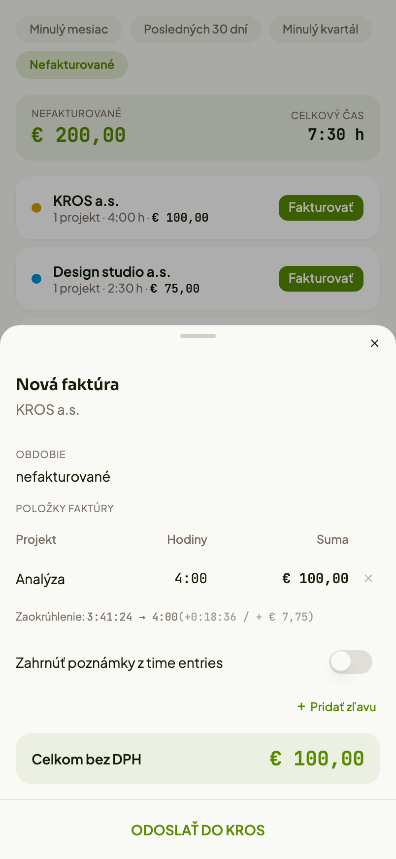 Náhľad faktúry pre KROS s položkami, zaokrúhlením a celkovou sumou.